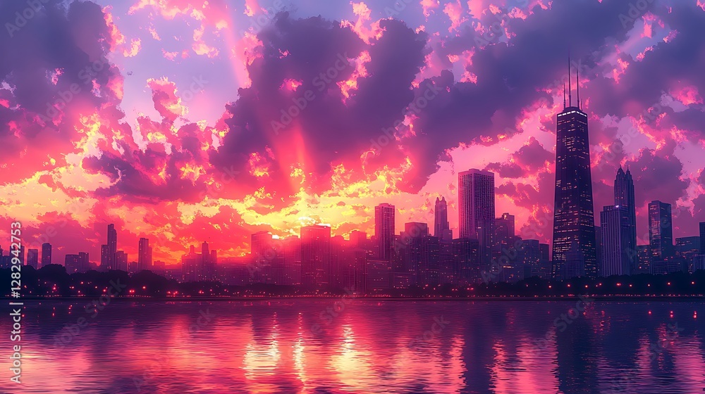 Fototapeta premium An anime-inspired scene of Chicago at sunset, the skyline bathed in soft evening light, brilliant reflections shimmering on Lake Michigan, dramatic sky gradients in pink, orange, and purple hues.
