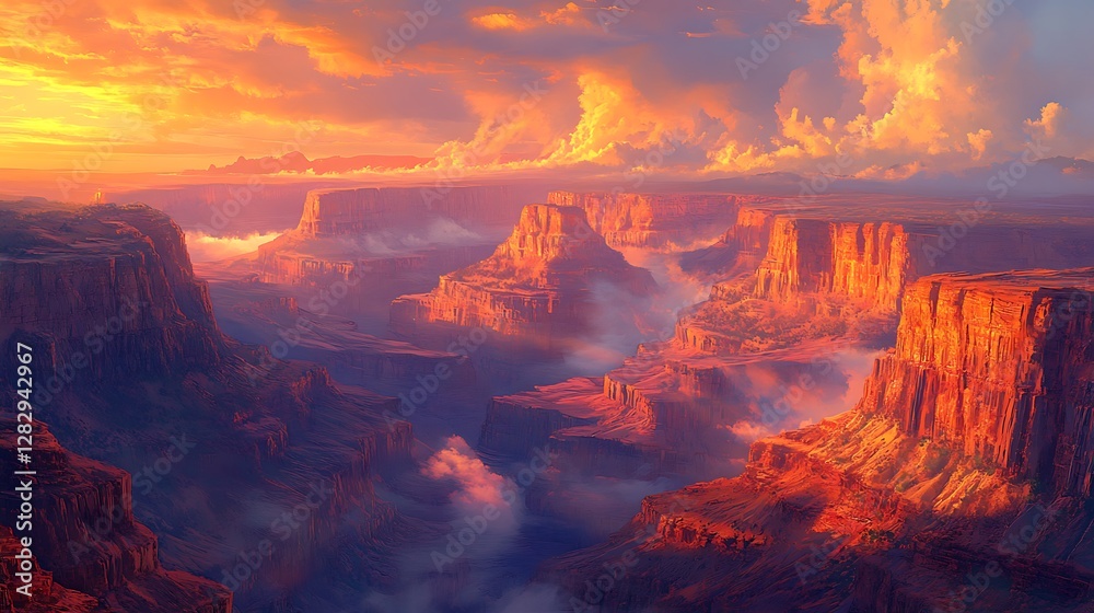 Fototapeta premium An anime-style depiction of the Grand Canyon at dawn, intricate cliff textures glowing under the first light, vibrant sky blending warm oranges and cool blues, soft mist adding depth and serenity.