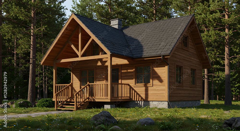 Fototapeta premium Charming Wooden Cabin Nestled in a Peaceful Forest