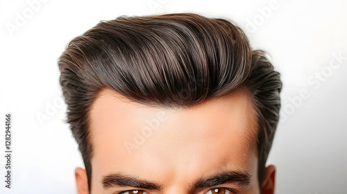 close-up of a man with a slicked-back hairstyle, showcasing the glossy texture and precise parting, isolated on a white background. The vintage style is emphasized by the use of pomade, creating  photo