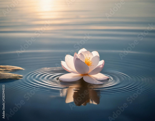 A delicate white lotus flower gracefully floats on the surface of a tranquil lake, creating gentle ripples that expand outward