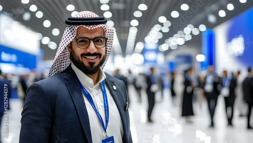 Smiling businessman in traditional attire at a bustling trade show, networking and connecting with colleagues. Ideal for business, finance, and international trade contexts