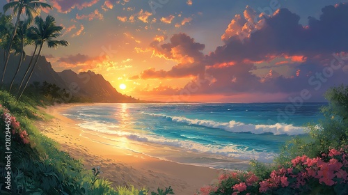 An anime-style Waikiki Beach sunset, ocean waves sparkling in vivid colors, the golden sun casting warm light on the sand, lush greenery and tropical flowers enhancing the tranquil setting. --ar 16:9