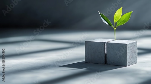 Small plant sprouting through concrete cubes against a dark backdrop