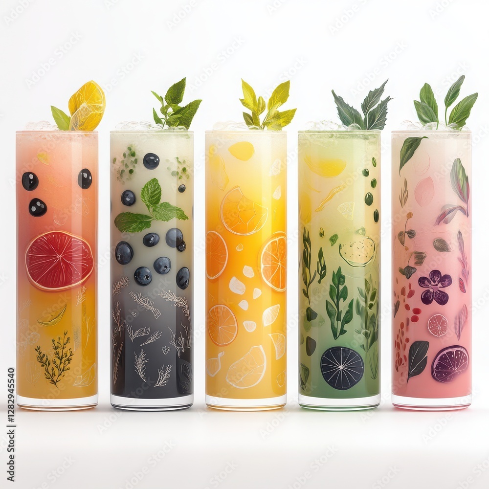 Fototapeta premium Five Colorful Fruit Infused Drinks in Tall Glasses on White Background