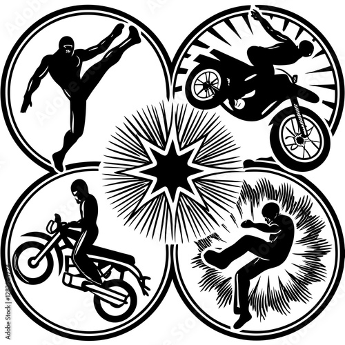 Extreme Sports Silhouette Vector with Motocross and Parkour Action
