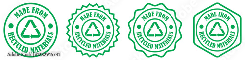 Made from recycled materials logo set on white background. Recycle logo badge for eco products. Made from recycled materials stamp. Eco friendly label with recycle sign. Vector illustration