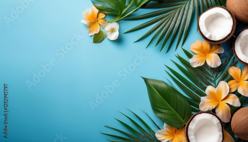 Tropical palm leaves, pink plumeria flowers, and halved coconuts are arranged on a pastel blue background. copy space