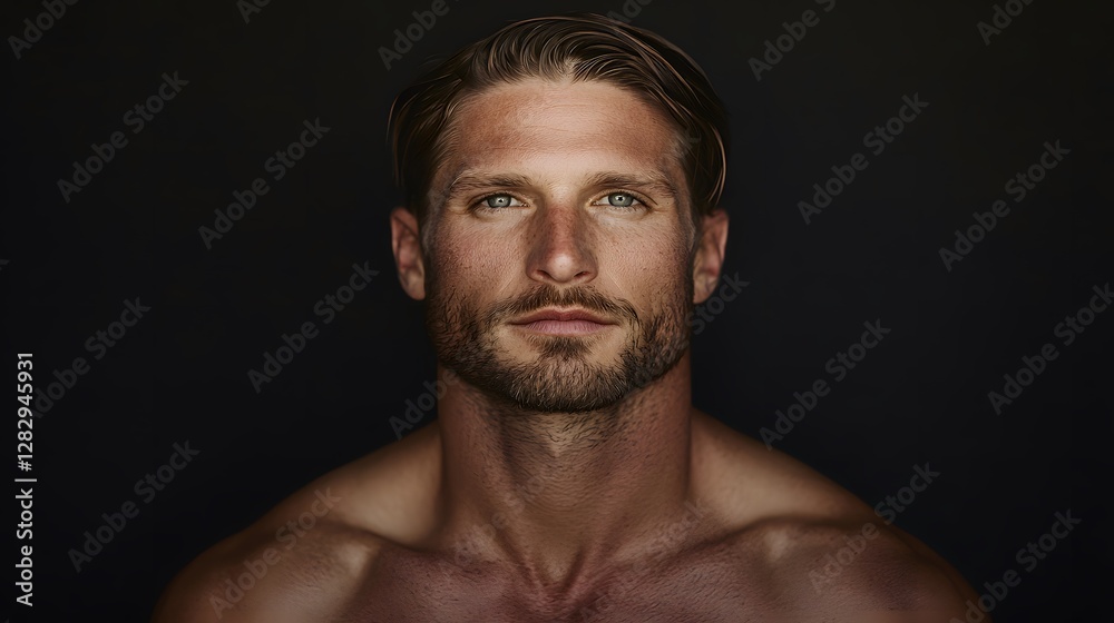 Fototapeta premium man with a slicked-back hairstyle, styled in a classic 1920s fashion, isolated on a black background. The hair is combed back smoothly, exuding an air of timeless elegance with a dramatic backdrop. 