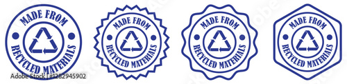 Made from recycled materials - badge for sustainable made products and clothes on white background. Eco friendly label with recycle sign. Made from recycled materials stamp. Vector illustration