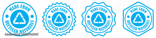 Made from recycled materials emblem in different style on white background. Made from recycled materials stamp. Recycled material icon for packaging. Recycle logo badge for eco products