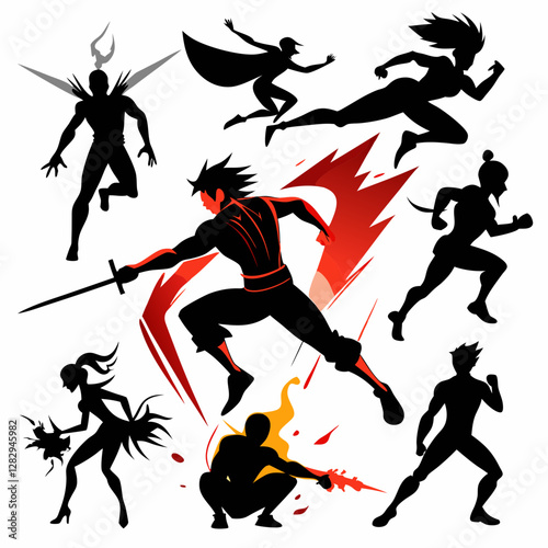 Superhero Silhouette Vector Illustration with Fire and Energy Effects