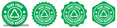 Made from recycled material icons in different style on white background. Made from recycled materials stamp. Recycled material icon for packaging. Eco friendly label with recycle sign. Vector