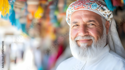Smiling Middle Eastern man in traditional clothing, a bustling marketplace in the background; ideal for travel, culture, and portrait photography