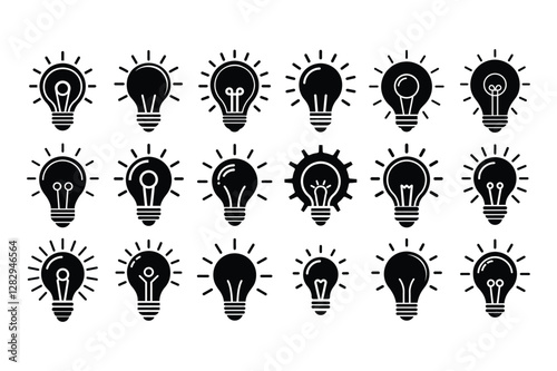 Set of black light bulb icons with different designs isolated on white background