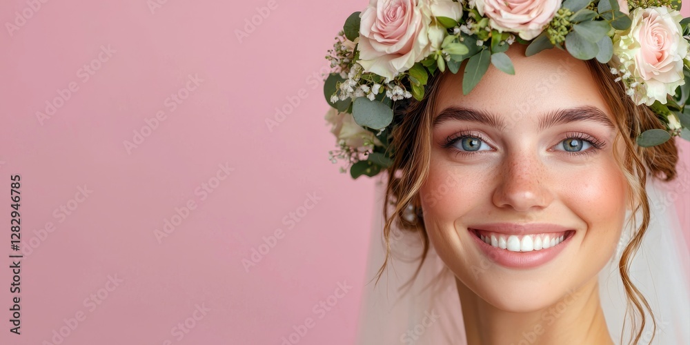 A smiling bride with a floral crown, showcasing elegant makeup against a soft pink background. A smiling bride with a floral crown, showcasing elegant makeup against a soft pink background.