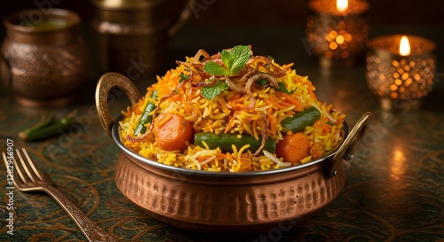 Serving Delicious Vegetable Biryani in Traditional Copper Bowl Setting