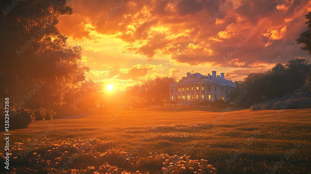 An evening view of the White House during a golden hour sunset, the lawn glowing in warm tones, detailed landscaping highlighted under the serene light, An evening view of the White House during a golden hour sunset, the lawn glowing in warm tones, detailed landscaping highlighted under the serene light,