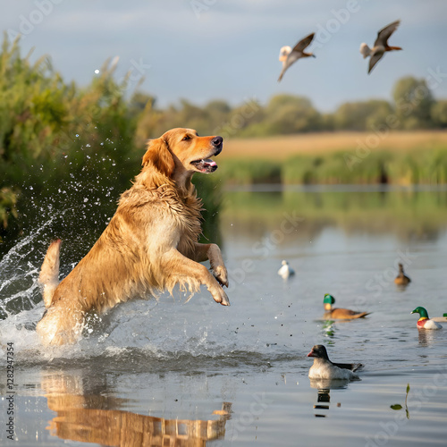 Golden Retriever Hunting Ducks: Dog in Water