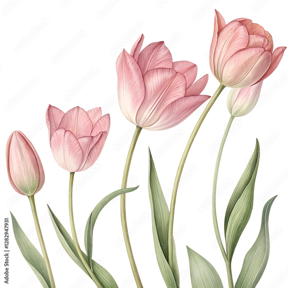 Fototapeta premium A series of beautifully illustrated pink tulips, each with distinct petals, leaves, and stems.