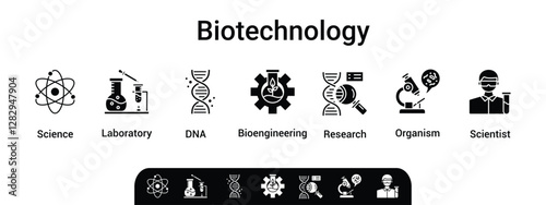 Biotechnology icon set flow process illustrationwhich consists of scientist, bioengineering, organism, research, dna, laboratory, science icon