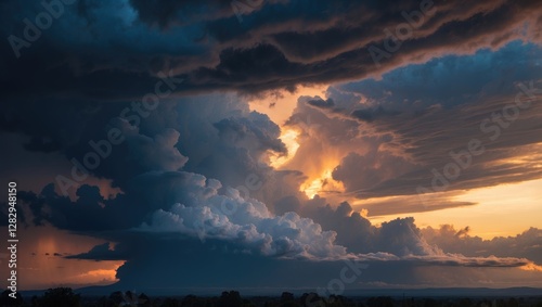 Dramatic cloud formations illuminated by sunset colors over a landscape with varying shades of blue and orange hues