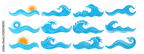 Set of stylized ocean waves with sun illustrations in vintage hand-drawn style