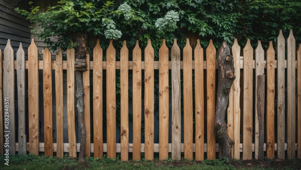 Fototapeta premium wooden fence with alternating light and dark wooden planks surrounded by greenery and plants in a residential area