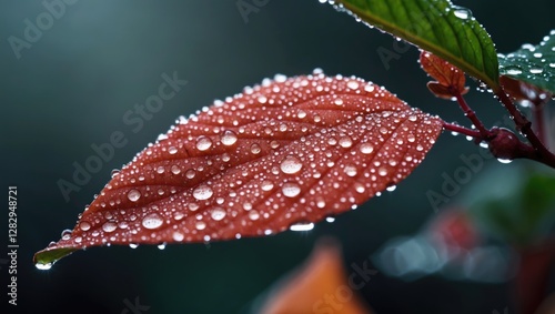 Close-up of a red leaf covered in water droplets with a blurred green background illustrating natural textures and details in nature photo