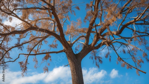 bare tree with intricate branches against a blue sky with scattered clouds on a clear day in a natural setting photo