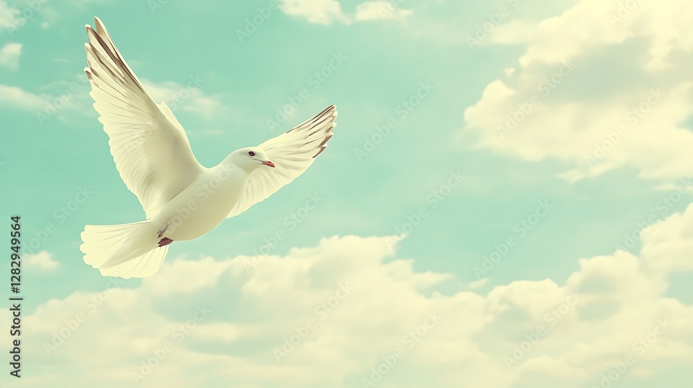 A White Dove Flies Happily Through A Beautiful Blue Sky A White Dove Flies Happily Through A Beautiful Blue Sky