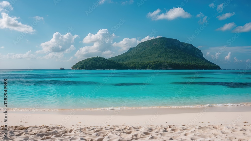 Tropical beach with white sand and turquoise water, scenic island in background under a partly cloudy sky. Relaxing coastal landscape. Tropical beach with white sand and turquoise water, scenic island in background under a partly cloudy sky. Relaxing coastal landscape.