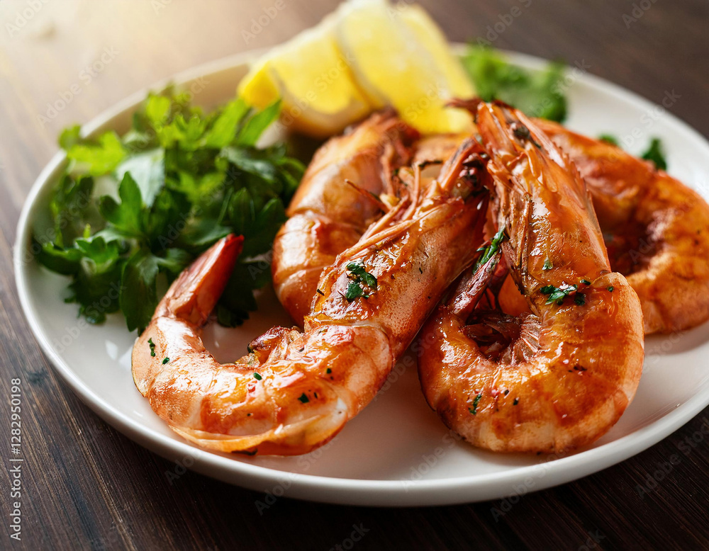 Succulent grilled shrimps are arranged on a white plate garnished with fresh lettuce, parsley, and lemon wedges against a blue tablecloth. Succulent grilled shrimps are arranged on a white plate garnished with fresh lettuce, parsley, and lemon wedges against a blue tablecloth.