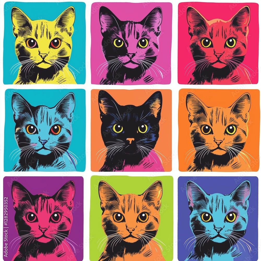 Vibrant Pop Art Illustration of Cats in Bold Colors