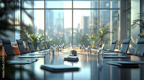 Business ethics committee meeting in a bright office with large windows, discussing corporate social responsibility initiatives, fostering a collaborative and forward-thinking atmosphere.