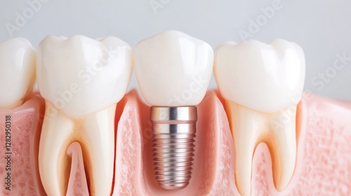 Detailed cross-section of a dental implant in the jawbone, showing bone integration and stability, isolated on white photo