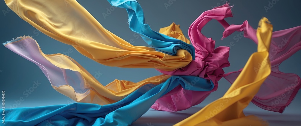 Obraz premium Colorful flowing silk fabric in motion with dynamic folds and drapes against a solid blue background