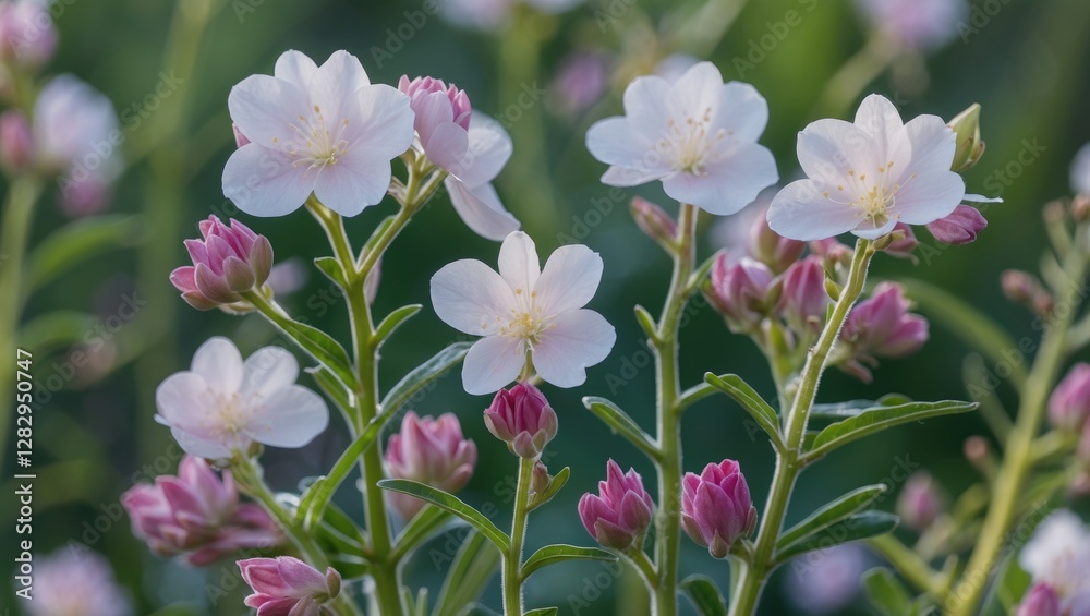delicate white flowers with pink buds on green foliage in a natural setting during daylight delicate white flowers with pink buds on green foliage in a natural setting during daylight