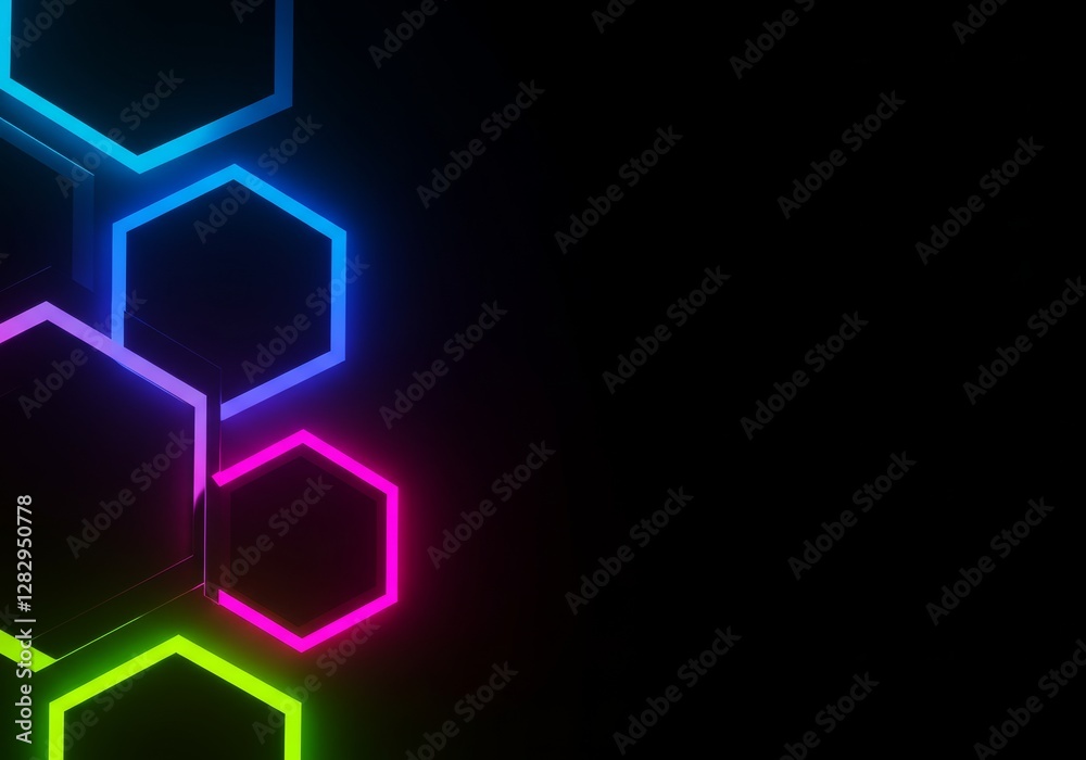 Vibrant Neon Hexagons Overlapping in a Deep Black Abstract Space Vibrant Neon Hexagons Overlapping in a Deep Black Abstract Space