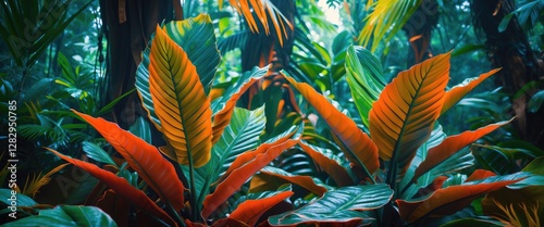 Colorful tropical foliage with vibrant orange and green leaves in a dense forest environment. Lush greenery background.