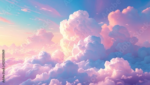 Colorful fluffy clouds in a vibrant sky showcasing pastel hues during sunset or sunrise, with soft lighting and rich textures. photo