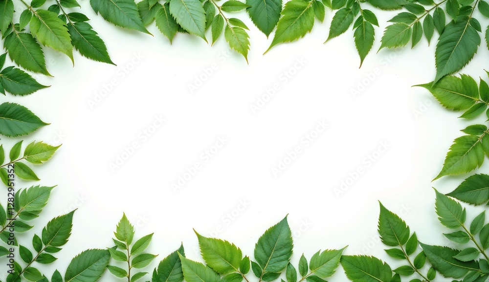 Fototapeta premium Beautiful green leaves framing blank white canvas on light background for natural-themed designs with copy space