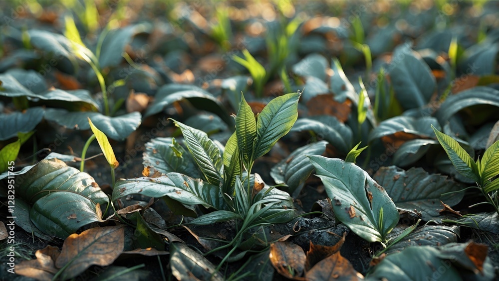 Obraz premium Green plant sprouts among large leaves in a natural setting with brown fallen leaves on the ground during daylight.