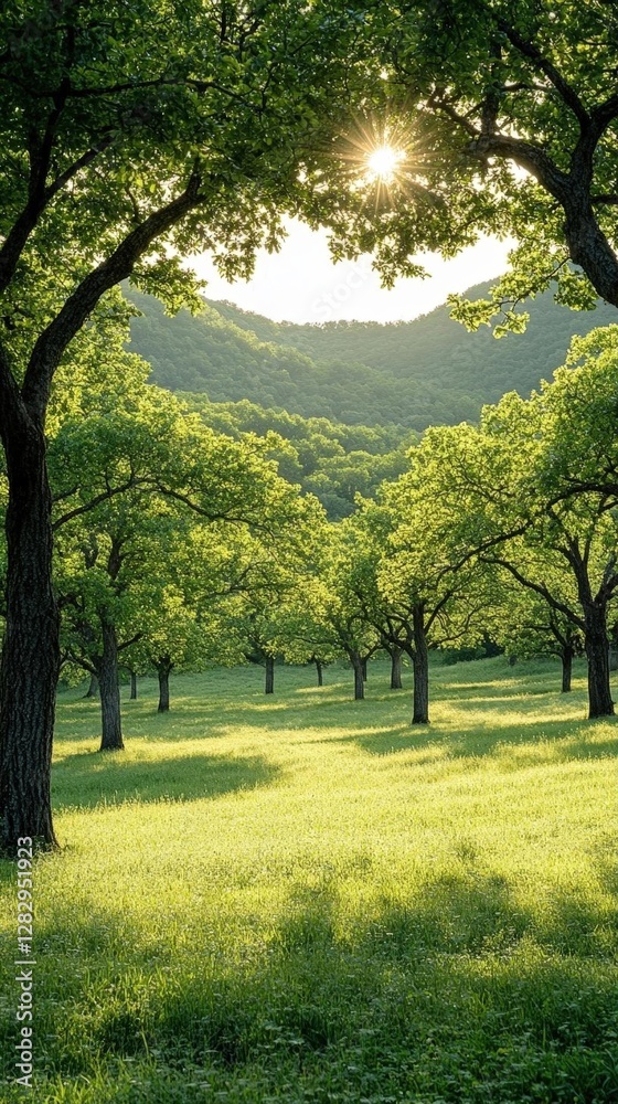 Sunlit Meadow With Trees And Hills Sunlit Meadow With Trees And Hills