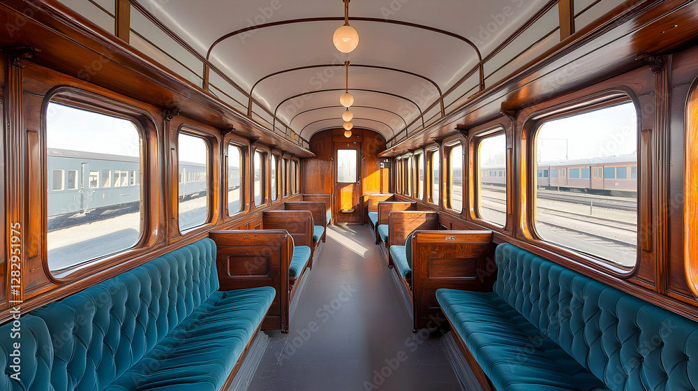 Interior View Of A Classic Wooden Passenger Train Car With Teal Upholstery And Natural Light Interior View Of A Classic Wooden Passenger Train Car With Teal Upholstery And Natural Light