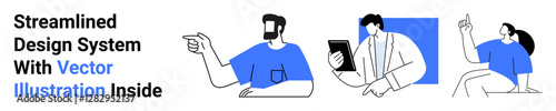 Three characters in blue and white attire engaging in different interactions pointing, using a tablet, and observing. Ideal for teamwork, collaboration, guidance, business, decision-making