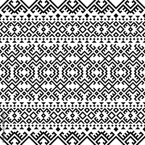 Seamless geometric tribal pattern with repeating square shapes, inspired by Aztec, Inca, and Navajo designs. Black and white modern ethnic motif, perfect for backgrounds, textiles, and digital art