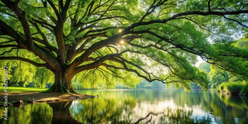 A majestic tree with large leaves and branches gently drapes itself above a tranquil river, creating a sense of serenity and harmony in the surroundings , leafy canopy, peaceful environment