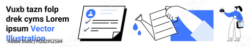 Checklist with user profile, hand folding paper drop, courier delivering goods, minimalistic style. Ideal for productivity, documentation, organization, task management, logistics modern workflow