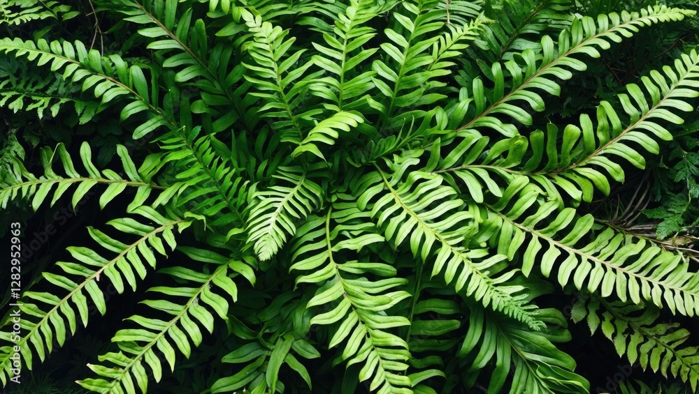 Lush green fern leaves close-up with intricate fronds arranged symmetrically in a natural setting Lush green fern leaves close-up with intricate fronds arranged symmetrically in a natural setting